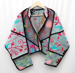 Veste en coton Kantha à fleurs tricotée, col en V, manches longues, vêtements pour femmes, printemps, tissu tissé respirant, design artistique écologique - Product Image 2