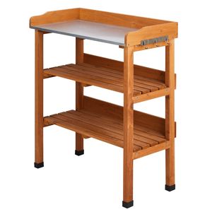 Tavolo da Giardinaggio Pieghevole per Esterni, Postazione di Lavoro in Legno per Orticoltura con 2 Ripiani e 3 Ganci, Piano in Metallo - Product Image 4