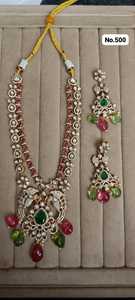 Elegant Gold Plated Long Kundan <b>Ruby</b> <b>Necklace</b> Set With Imitation Pearl Beads Flower Design For Women Wedding Jewelry No.500 - Product Image 2
