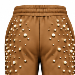 Bronze Pearl Beaded Jogger Pants <b>Women</b> Luxury Rhinestone Embellished Drawstring <b>Sweatpants</b> Casual Streetwear Fleece Winter - Product Image 4