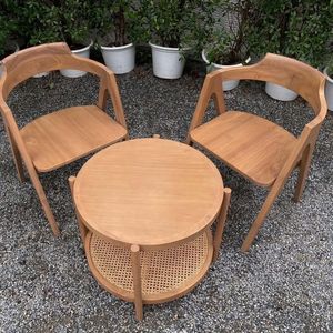 Teak Garden Set Round <b>Table</b> and Chairs Outdoor Patio Furniture Scandinavian Style Weather Resistant Solid Wood Seating - Product Image 3