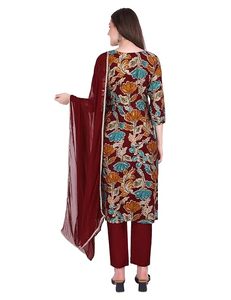 Conjunto de traje Patiala SAZU con estampado floral color granate para mujer, con kurta, pantalón y dupatta en algodón y rayón para uso diario, con bordado en el cuello. - Product Image 2