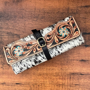 Boîte à bijoux élégante pliable usinée à la main en cuir véritable, organisateur de bijoux portable à fleurs en cuir de vachette occidentale, étui à bijoux de voyage - Product Image 2