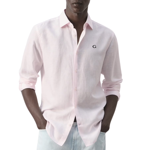 Chemise décontractée à manches longues boutonnée pour homme, couleur unie, col pointu, manches retroussables, style uni, vente en gros de vêtements décontractés - Product Image 1