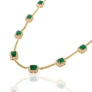 14K White Gold Octagon 6.2 Ct Emerald Cut Emerald & Natural Diamond Halo Vintage Link Necklace - Product Image 6