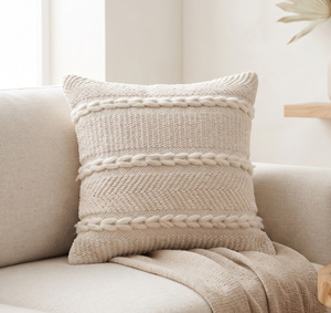 20 x 20 Inches Ivory Cotton & Wool Cushion Cover – Textured <b>Decorative</b> Square Throw <b>Pillow</b> for Bohemian & Farmhouse Home - Product Image 1
