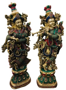 Estatua grande de Radha Krishna en latón con detalles en piedra, ídolos de dioses en latón, estatua de Radha Krishna con detalles en piedra. - Product Image 2