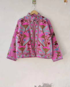 Chaqueta MONIT MARKETING Hecha a Mano, Unisex, de Terciopelo Rosa con Bordado Floral, Transpirable, Estilo Boho Chic, con Cierre de Cremallera y Cuello Mao, Talla 25 - Product Image 1