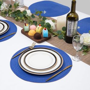Set di 6 tovagliette rotonde blu da 15 pollici in cotone e poliestere, lavabili, con design intrecciato per la tavola - Product Image 6