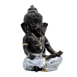 Sculpture élégante de Ganesha assis, finition noire avec accents argentés, art religieux indien artisanal. - Product Image 2