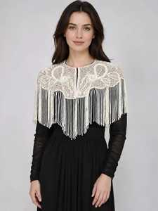 Elegante Mantellina da <span class=keywords><strong>Donna</strong></span> in Pizzo <span class=keywords><strong>Bianco</strong></span> con Frange e Perle, <span class=keywords><strong>Bolero</strong></span> Avvolgente - Product Image 1