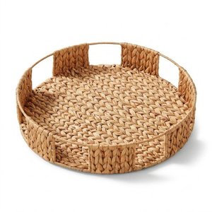 Plateau rond en jacinthe d'eau naturelle, panier de service tissé avec poignées pour la décoration de table d'ottoman dans le salon et l'organisation de la maison - Product Image 6