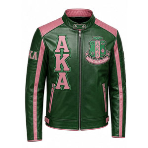 Chaqueta Bomber de Cuero Verde y Rosa Bordada con el Logotipo de Alpha Kapa Alpha AKA, Cierre de Cremallera, Casual para Hombre, Logotipo 1908 en la Parte Delantera y Trasera - Product Image 5
