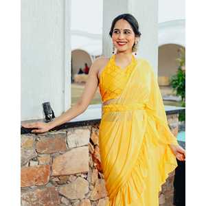 Sari Sharara tendance ethnique indien en viscose et mousseline, coupe trapèze, taille naturelle, pour festivals et mariages, jaune - Product Image 5