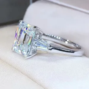 Tishya Diamond 3.96Ctw <b>Emerald</b> Cut Prong Set Three Stone IGI Certified Luxury Engagement <b>Ring</b> 14K White Gold Plated - Product Image 4