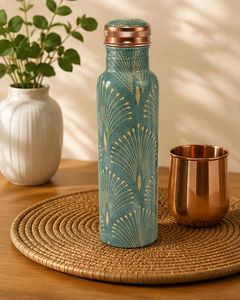 Teal Green Floral Printed Pure Copper <b>Water</b> <b>Bottle</b> 1000ml Handmade Leak Proof Decorative Drinking <b>Bottle</b> OEM Wholesale - Product Image 5