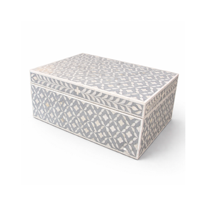 Bela Artisan Handmade Wood Bone Inlay Rectangular Decorative Storage <b>Box</b> Grey White Geometric Pattern Jewelry <b>Keepsake</b> <b>Box</b> - Product Image 1