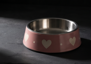 Cute White Heart Pattern Enamel Pet <b>Bowl</b> Non Skid Base <b>Pink</b> Metal <b>Dog</b> Cat Water Feeder Dish Wholesale Modern Feeding Basin OEM - Product Image 2