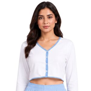 Conjunto de pijama de punto suave para mujer, color blanco y azul cielo, de manga larga, con cárdigan con botones y pantalones anchos. - Product Image 3