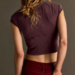 Ladies Contour Seam Custom Crop Top Ladies Running Sports Crop Top Women Color Contrasting Workout Top Brown Short Sleeve Tees - Product Image 2