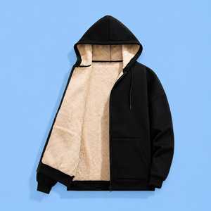 Men's Black Hooded Zip-Up Sweatshirt <b>Lined</b> With <b>Sherpa</b> Fleece Warm Winter Casual Jacket Regular Fit Solid Color - Product Image 2