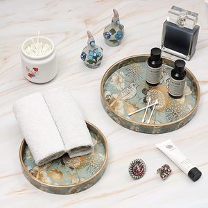 Plateau de service décoratif rond en bois émaillé à motif floral moderne, fait main, pour la maison, l'hôtel, les fêtes et les anniversaires - Product Image 3