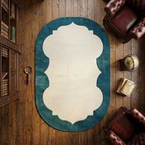 Classic Oval Area <b>Rug</b> With <b>Teal</b> Border And Cream Center Tufted Wool Polyester Non-Slip Rubber Backing For Living Room - Product Image 1