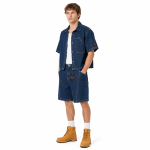 Men's Denim Short <b>Set</b> Button Up Shirt Matching Shorts Solid Color Breathable Cotton Casual Summer Wear Regular Fit Denim <b>Set</b> - Product Image 3