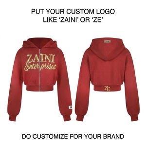 Women Hooded Crop <b>Top</b> Premium 320 GSM Knitted Cotton Fleece Red <b>Zip</b> Jacket Streetwear Style - Product Image 1