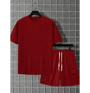 Men's Summer Formal Outfit Short Sleeve T-Shirt and Shorts Two-Piece <b>Set</b> Solid Patterned <b>Knitted</b> Breathable 100% Cotton Fabric - Product Image 3