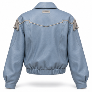 Blouson en cuir véritable bleu ciel pour femme avec franges aux épaules, taille élastique et fermeture éclair – Fabrication sur mesure - Product Image 2