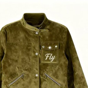 Men's Olive <b>Suede</b> <b>Bomber</b> <b>Jacket</b> Mandarin Collar Embroidered Fly Logo Casual Autumn Wear Regular Fit Button Closure - Product Image 1