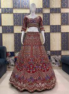 Lehenga Choli de Boda India Personalizado al por Mayor, Ghagra de Seda Roja Bordada, Estilo Tradicional de Bollywood, Sin Arrugas, Protección Solar - Product Image 5