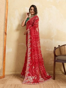 Sari Bordado Bandhani de Diseño para Mujer |   Sari Étnico con Bordado Floral Zari para Fiestas, con Blusa a Juego - Product Image 3