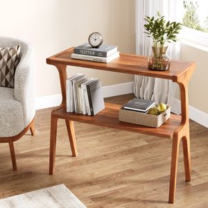 Table console minimaliste en teck, style Japandi, table d'entrée en bois massif avec étagère inférieure pour le salon - Product Image 1