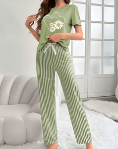 Women Soft Jersey Casual Pajama Set Short Sleeve Printed Top and Striped Pants Lounge Sleepwear Spring Summer - Product Image 2