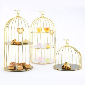 Metallic Bird Cage <b>Three</b> <b>Tier</b> <b>Cake</b> <b>Stand</b> Gleaming <b>Cake</b> Cupcake Displaying Holder With Glass Tray Customized <b>Cake</b> <b>Stand</b> - Product Image 1