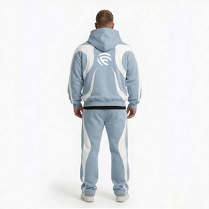 Ensemble de survêtement en molleton bleu ciel pour homme, avec logo personnalisé, sweat à capuche et pantalon de jogging, panneaux contrastants, style streetwear, ensemble deux pièces - Product Image 2