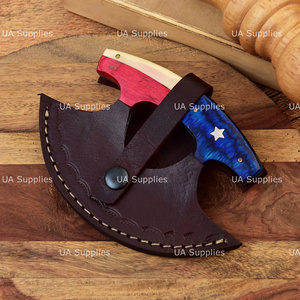 Texas Flag Ulu Chef <b>Knife</b> Damascus Steel Blade Wood <b>Handle</b> Leather Sheath Industrial Novelty Ambidextrous Polished Finish - Product Image 5