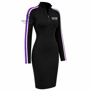 NCNW Vestido ajustado para mujer con mangas a rayas en contraste, cuello simulado con cremallera de un cuarto, largo hasta la rodilla, bordado, casual, ajustado - Product Image 2