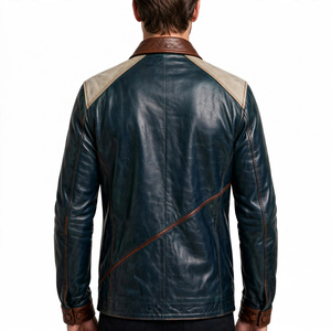 Amkoor Men's Genuine Leather Motorcycle <b>Jacket</b> <b>Slim</b> <b>Fit</b> Turn-Down Collar Zipper Closure Solid Color Autumn Biker <b>Jacket</b> - Product Image 2