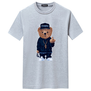 T-shirt blanc pour homme à col rond avec imprimé personnage d'ours, style streetwear, manches courtes, jersey de coton, coupe classique - Product Image 5