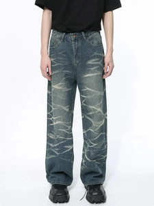 Jean en denim tie-dye taille haute pour homme, coupe ample, délavé à la pierre, style streetwear, en coton, pour l'automne - Product Image 3