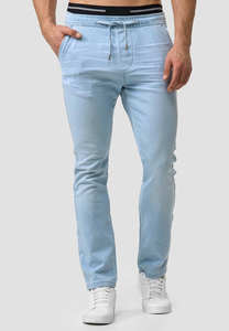 Jean cargo bleu déchiré pour homme 2026, coupe slim, taille haute, jambe droite, en denim enduit, avec braguette boutonnée - Product Image 2