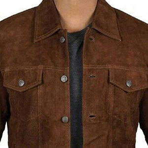 <b>Men's</b> <b>Brown</b> <b>Suede</b> Leather Hooded Eco-Friendly Breathable <b>Jacket</b> Casual Single Breasted Regular Fit Winter Wear Front - Product Image 6