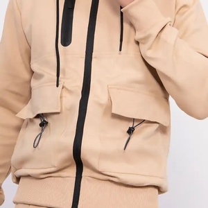 Conjunto de chándal beige de alta calidad para hombre con capucha, sudadera con cremallera de manga larga y pantalones cargo, color liso, precio mayorista. - Product Image 5