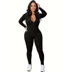 Summer Women <b>Sport</b> <b>Jumpsuit</b> Short Sleeve Zip up Flared Pants Solid Color Spandex Nylon Activewear 1 Piece Custom Logo Wholesale - Product Image 1