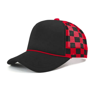 Gorras de béisbol y trucker personalizables, lisas, de 5 paneles, ajustables para hombre, con diseño rasgado, para deportes al aire libre y viajes, con malla, espuma y estampado a cuadros - Product Image 1