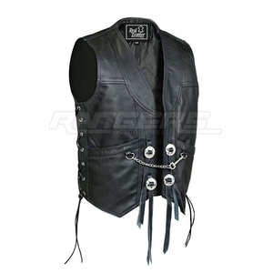 Gilet de motard noir en cuir de vachette véritable, avec chaîne et lacets latéraux, personnalisable OEM, robuste, pour hommes - Product Image 1