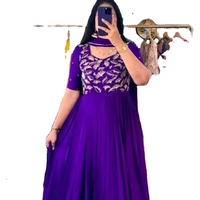 Sari en soie longue de style indien et pakistanais, col rond, design élégant, uni, avec travail au sol, salwar pour femmes